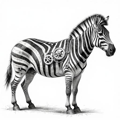 Black-and-white digital illustration of a zebra with intricate gear details on its side, standing on a white background.