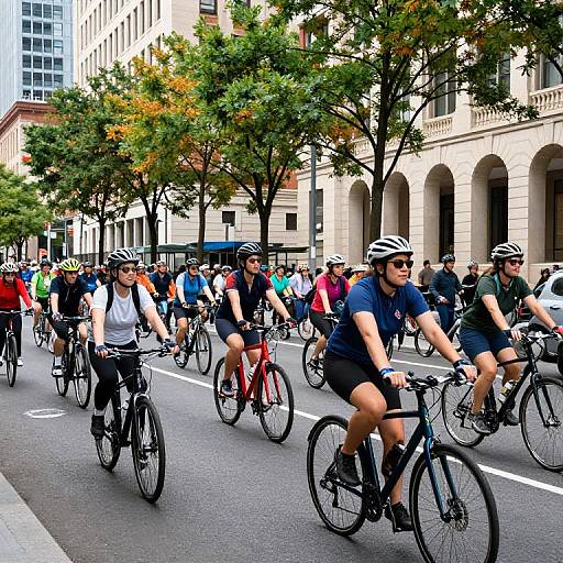 Photograph of a large group of cyclists wearing helmets and casual cycling gear, riding on a city street with tall buildings and green trees in the background.