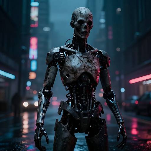 Cybernetic skeleton with cracked metal skin, holding gun, stands in neon-lit, rain-soaked urban street, digital art in sci-fi