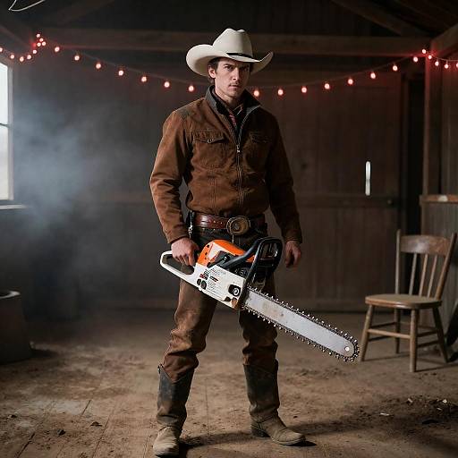 Cowboy with Chainsaw in Dim Barn