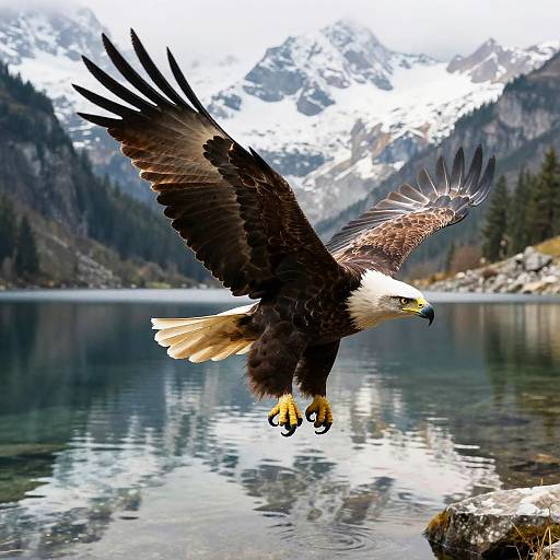 Eagle Soaring Over Mountain Lake