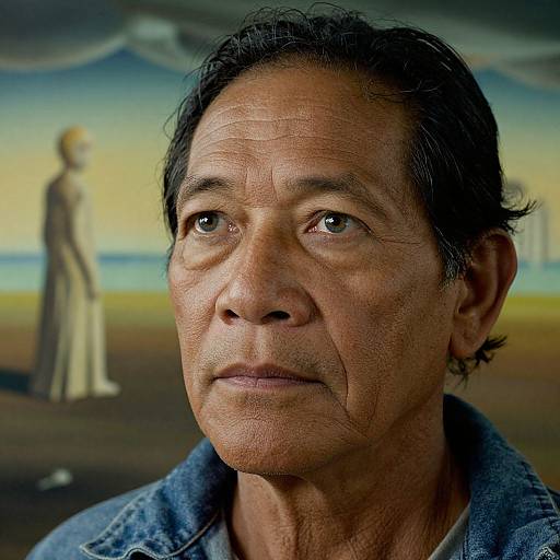 Photograph of an older man with wrinkled skin, dark hair, and blue eyes, wearing a denim shirt, in a surreal, dreamlike beach