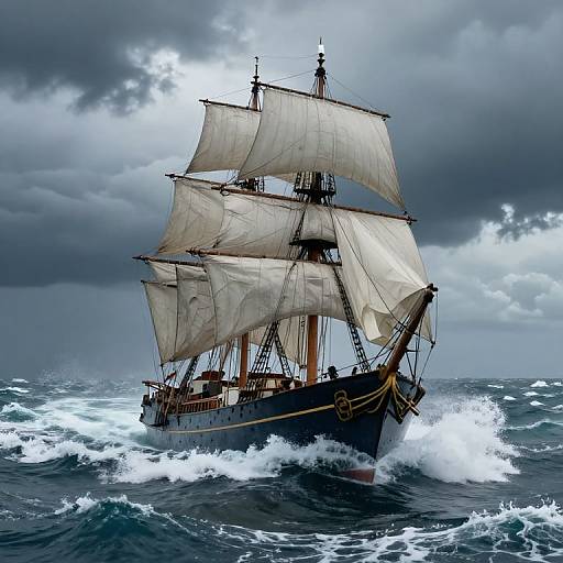 Photograph of a majestic, three-masted sailboat with white sails, navigating stormy, choppy waters under a dark, cloudy sky.