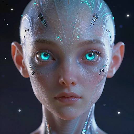 CGI image of a bald, pale-skinned, humanoid with glowing blue eyes, metallic facial markings, and a futuristic, robotic appearance against a dark