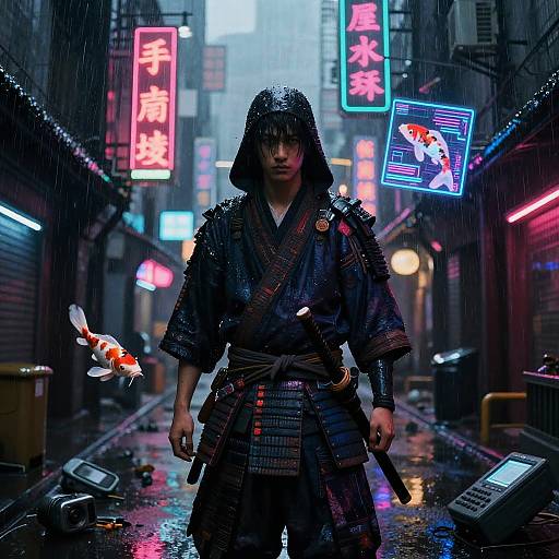 Cyberpunk Samurai in Neon Alley