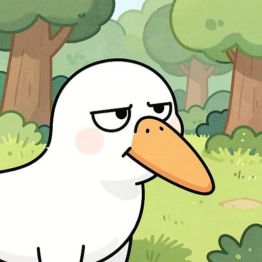 Cartoon-style white duck with a large orange beak and skeptical expression, standing in a bright, green forest background.