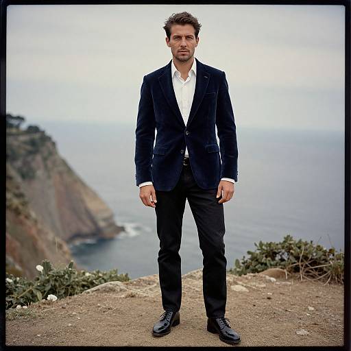 Photograph of a handsome man with short brown hair, wearing a black suit, white shirt, and black shoes, standing on a cliff overlooking a cloudy