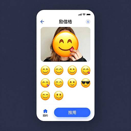 Photograph of a smartphone screen displaying a woman's face with an emoji smile over her mouth, surrounded by various smiley emojis, against a dark blue