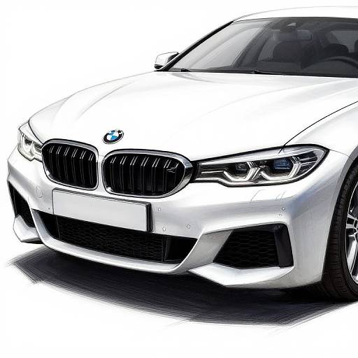 Digital illustration of a sleek white BMW with aggressive headlights and black grille, viewed from the front angle, highlighting its modern design.