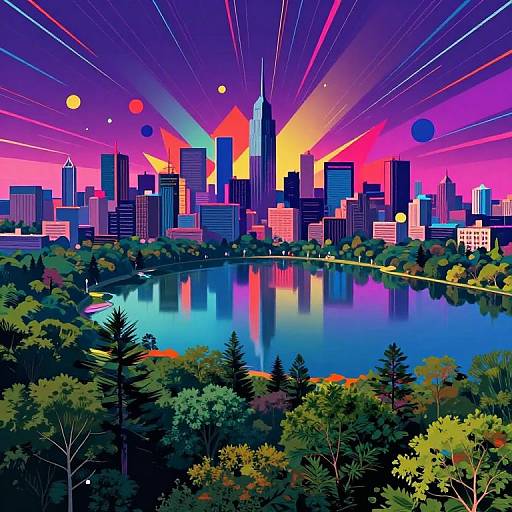 Vibrant digital illustration of a city skyline with colorful skyscrapers, neon lights, and a reflective lake surrounded by green trees. Dynamic, radiant
