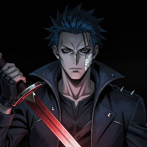 Intense Comic Hero with Red Sword