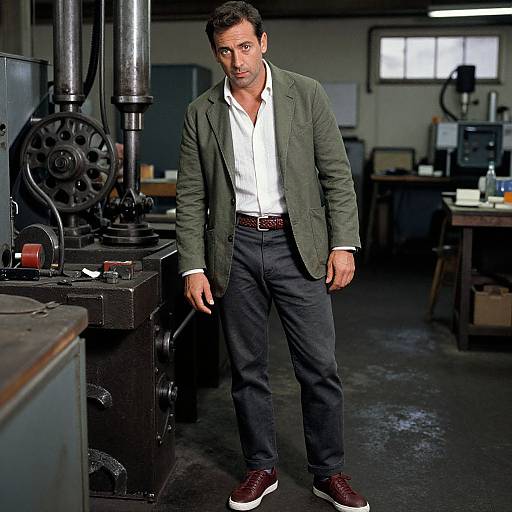 Photograph of a muscular man with short dark hair, wearing a green blazer, white shirt, black pants, and maroon sneakers, standing in