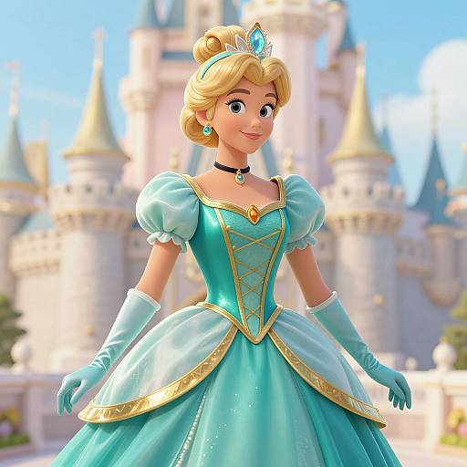 Digital artwork of a smiling blonde princess in a turquoise ball gown with gold trim, blue gloves, and tiara, standing in front of a blurred,