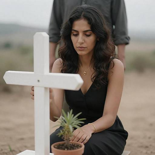 Solemn Woman by Cross and Plant