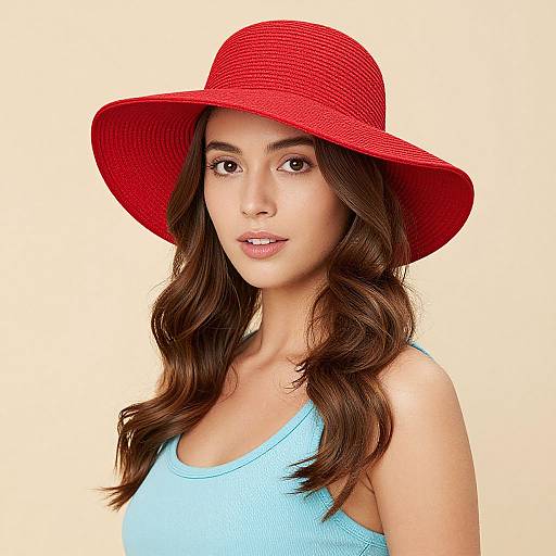Woman in Red Sunhat and Blue Tank