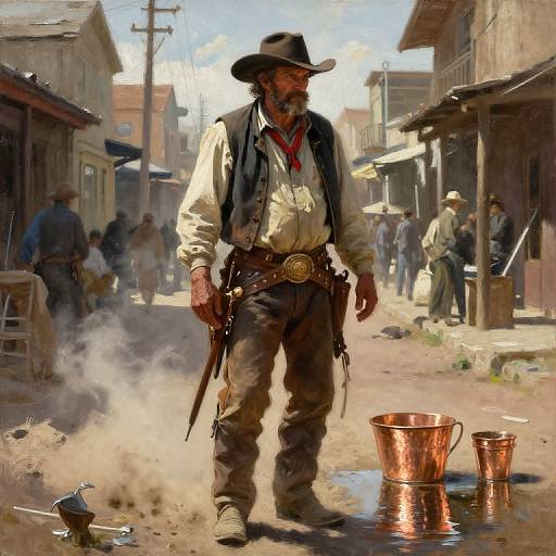 Digital painting of a rugged, bearded cowboy in a black hat, white shirt, and vest, standing in a dusty, sunlit Western street with