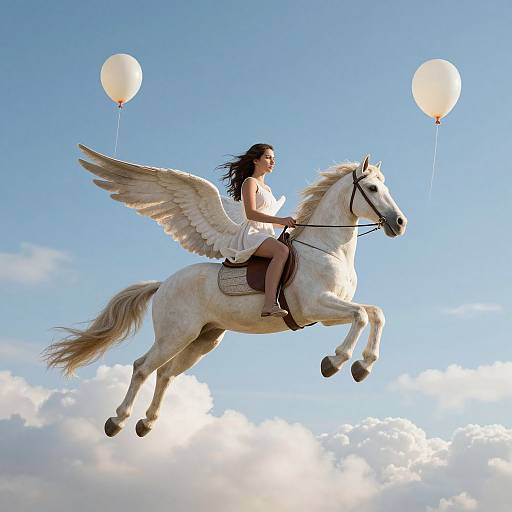 Photograph of a winged woman in a white dress riding a white horse, soaring above a bright blue sky with two white balloons.