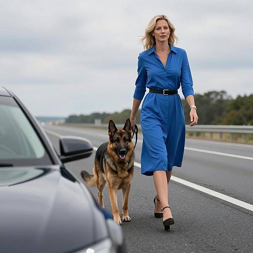 Blonde Woman Walking German Shepherd on Highway