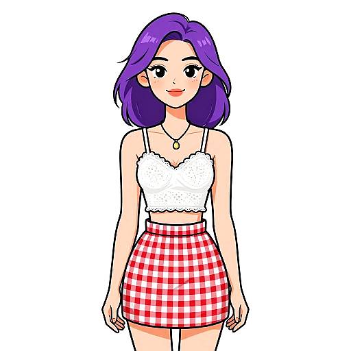 Digital anime-style drawing of a smiling young woman with purple hair, wearing a white lace crop top and red checkered skirt.