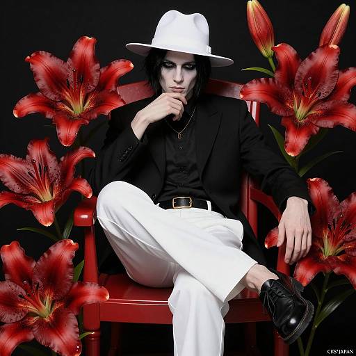 Man in Black and White Among Red Lilies