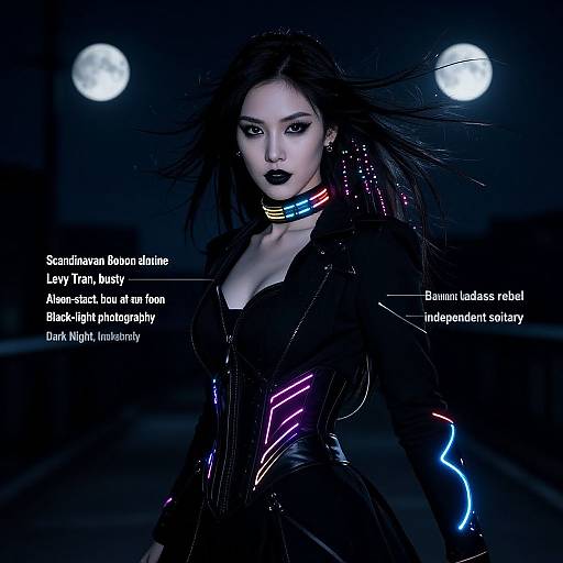 Photograph of a dark-haired woman in neon-accented black leather outfit, standing under moonlight, with text labels describing her futuristic attire.