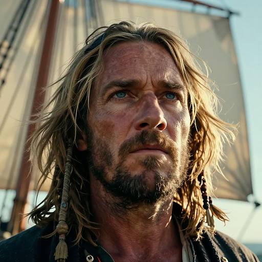 Close-up photograph of a rugged, bearded man with long, blonde, wind-swept hair, blue eyes, and sunburnt face,