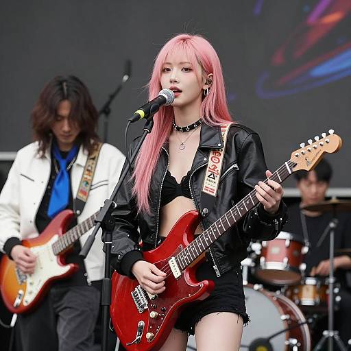 Female Lead Singer with Red Electric Guitar on Stage