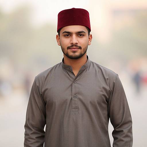 Photograph of a young South Asian man with medium skin tone, dark hair, trimmed beard, wearing a maroon cap and gray long-sleeve