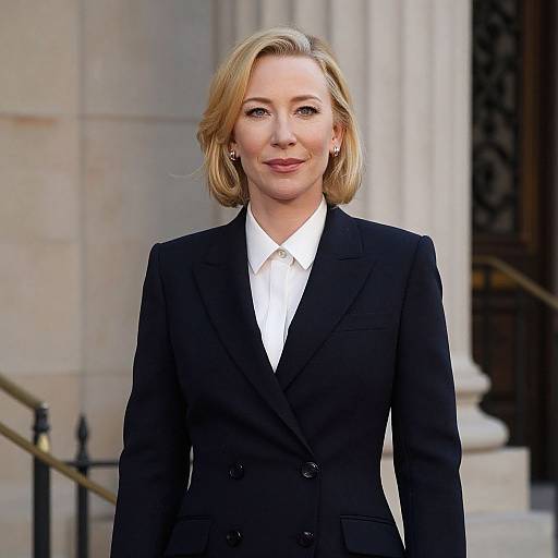 Photograph of a blonde woman with short hair, wearing a black double-breasted blazer over a white shirt, standing in front of a classical building