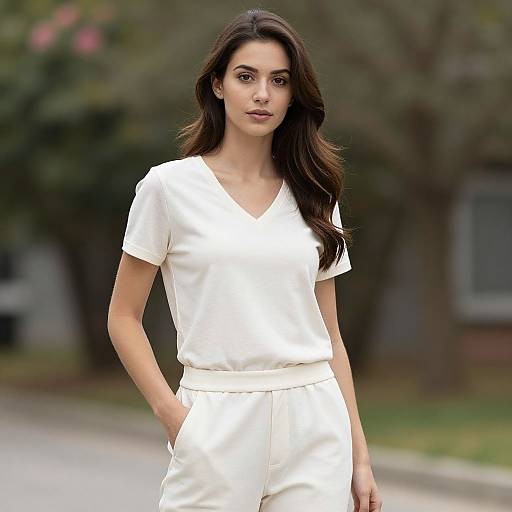 Photograph of a young woman with long brown hair, wearing a white V-neck blouse and matching white pants, standing outdoors with a blurred green and pink