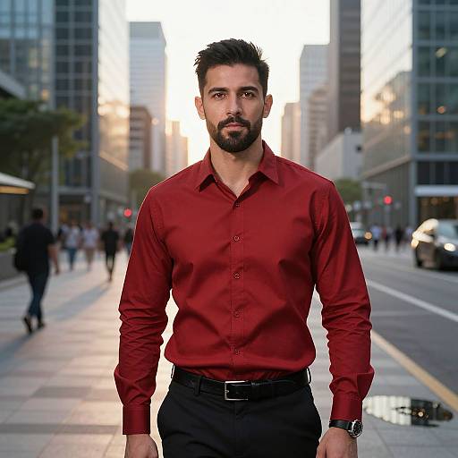 Photograph of a handsome bearded man with short dark hair, wearing a red button-up shirt and black pants, walking on a city street at sunset