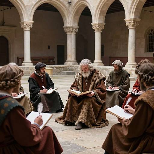 Medieval Scholars in Grand Courtyard