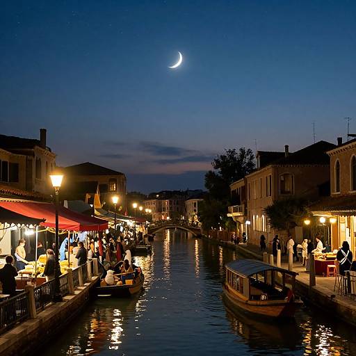 Photograph of a twilight canal scene with a crescent moon, lit buildings, street lamps, and people dining and boating along the waterway.