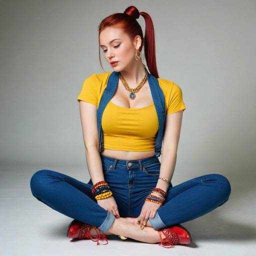 Young Woman Sitting Cross-Legged in Colorful Outfit