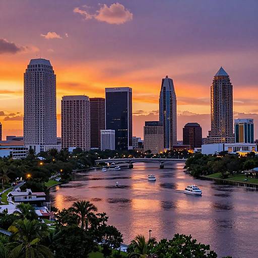 Photograph of a city skyline at sunset, featuring tall buildings with illuminated windows, reflecting on a river with boats, and a vibrant orange and purple sky