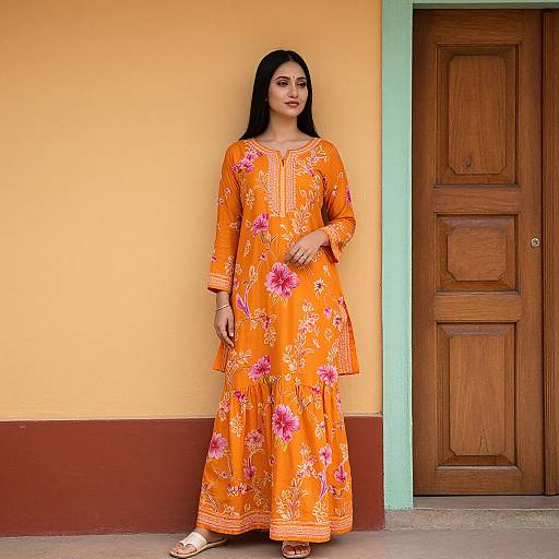 Woman in Vibrant Orange Floral Attire