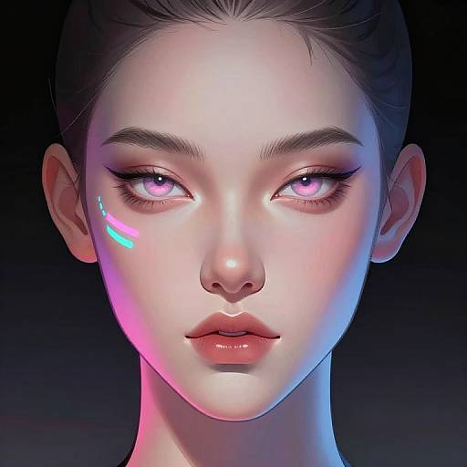 Digital portrait of a stunning, pale-skinned woman with glowing pink and blue eyes, sleek dark hair, and subtle neon light on her cheek, against