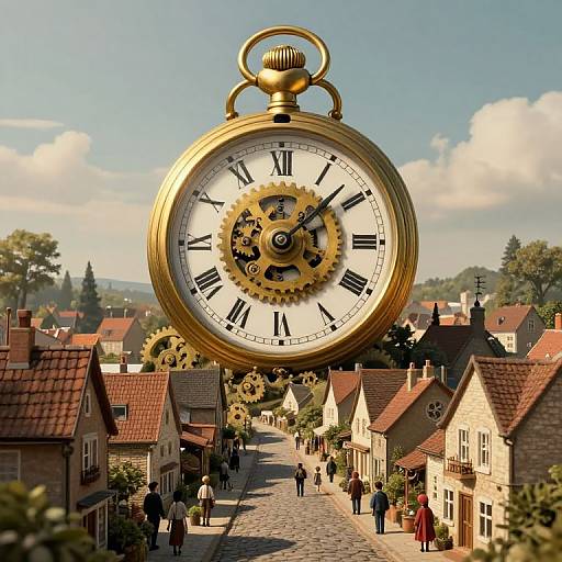 Photorealistic digital artwork of a giant gold pocket watch with exposed gears hovering over a quaint, sunlit European street with red-roofed houses and