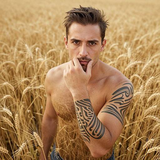 Muscular, tattooed man with short dark hair, shirtless, standing in golden wheat field, touching his lips with a contemplative expression. Photograph