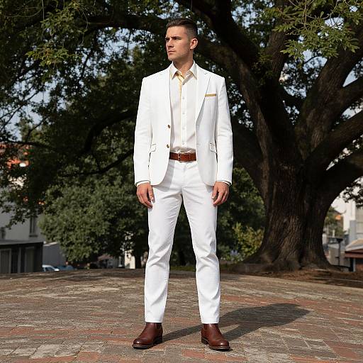 Photograph of a tall, handsome man in a white suit, brown shoes, and brown belt, standing confidently in a sunlit, tree-shaded
