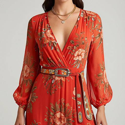 Photograph of a woman in a vibrant red floral wrap dress with gold accents, deep V-neck, and gold belt, wearing a gold necklace, against