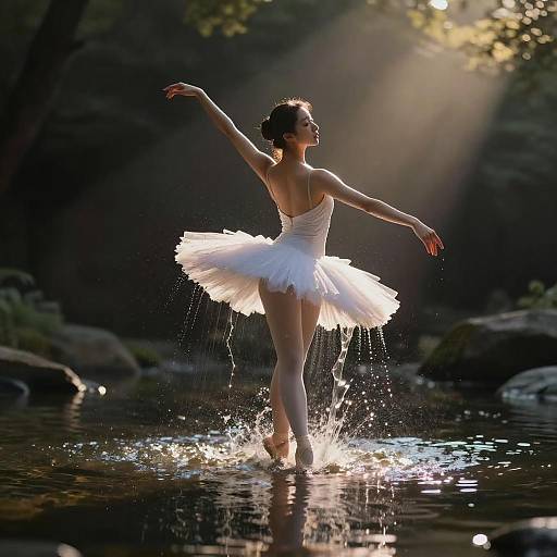 Photograph of a ballerina in a white tutu, poised gracefully in a sunlit forest stream, splashing water with delicate movements.