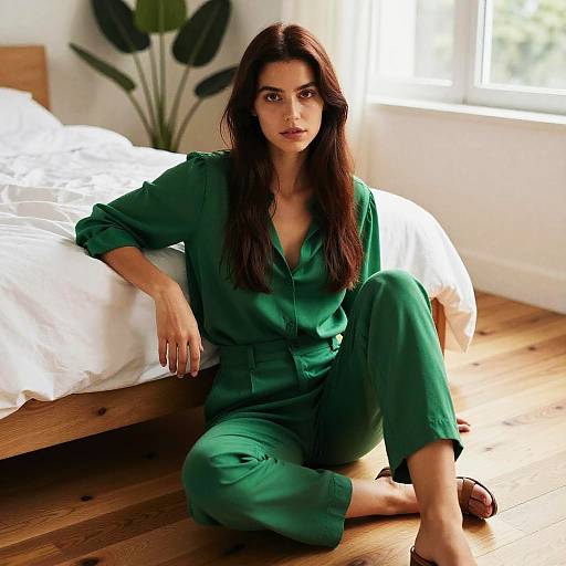 Photograph of a woman with long dark hair, wearing a green jumpsuit, sitting on a wooden floor beside a white bed in a sunlit,