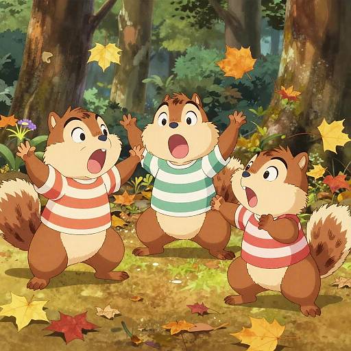 Three excited cartoon chipmunks in striped shirts, standing in a forest, arms raised, catching falling autumn leaves. Bright, colorful, animated style.