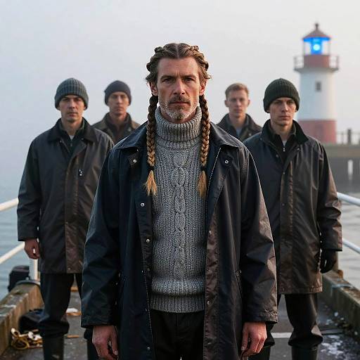 Seasoned Fisherman with Four-Strand Braid on Foggy Pier