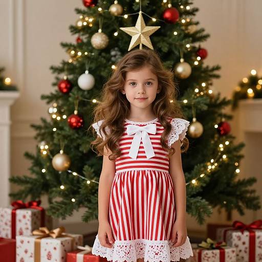 Young Girl by Festive Christmas Tree