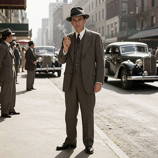 Photograph of a suave man in a 1930s-style gray suit, black fedora, and tie, smoking a cigarette on a busy