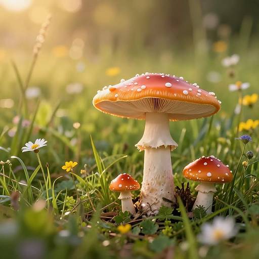 Photograph of three red-capped, white-spotted mushrooms in a sunlit meadow, surrounded by green grass and colorful wildflowers, with a