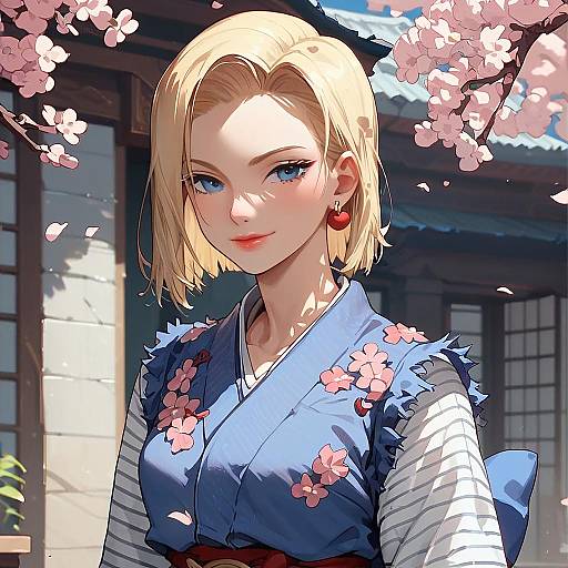 Anime Style Blonde Woman in Kimono with Cherry Blossoms