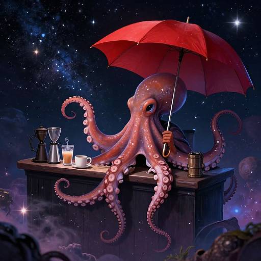 Digital illustration of a pink, starry octopus holding a red umbrella, sitting at a wooden table with coffee, glass, and telescope, against a